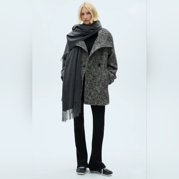 Mango Women's Mottled Double-Breasted Black & White Tweed Pea Coat - Picture 3 of 8
